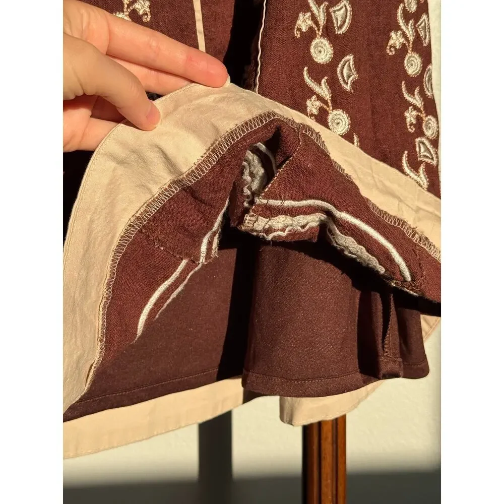 AZwell Linen Blend Embroidered Cottagecore Midi Skirt Brown Boho Prairie M - Picture 5 of 10